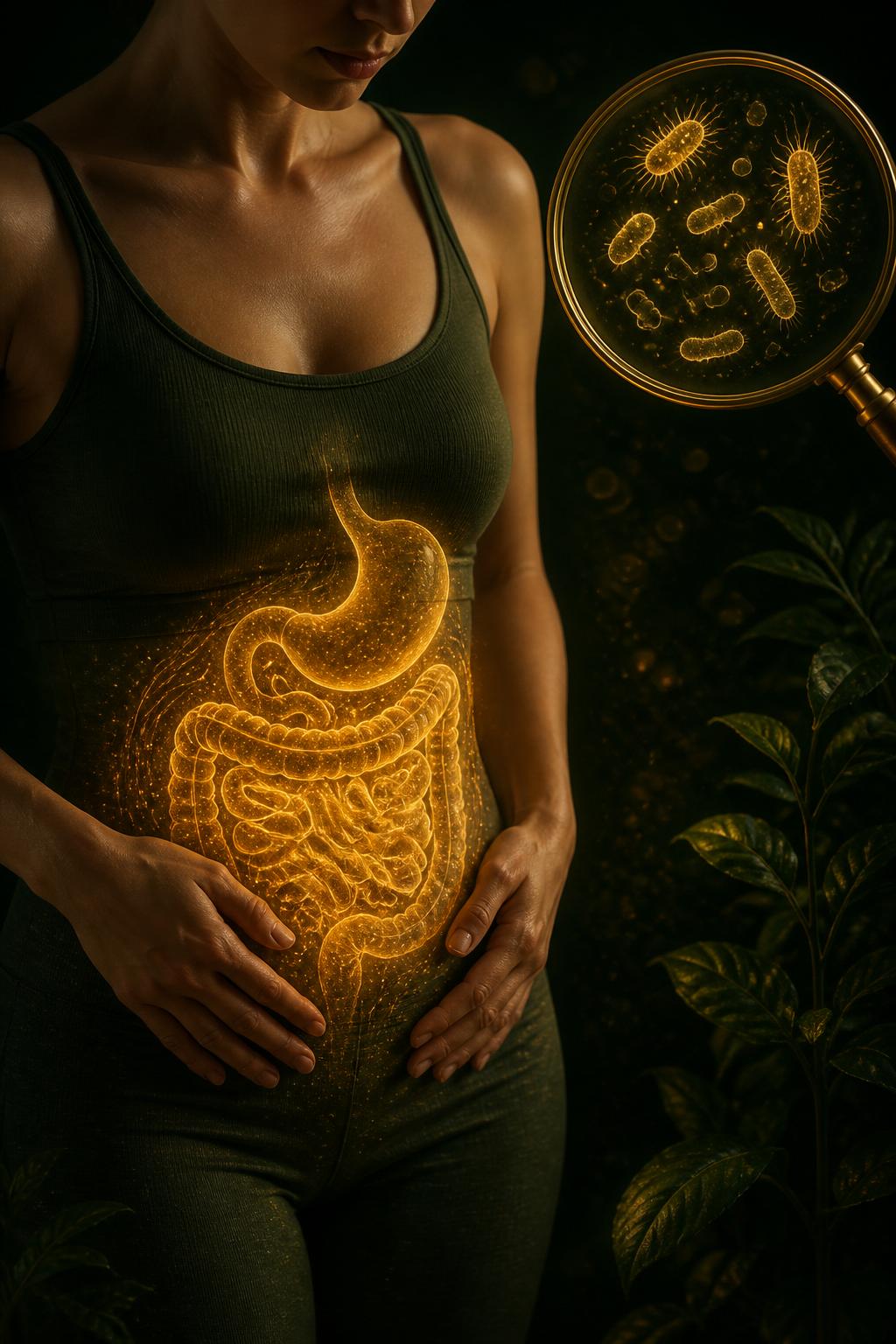 Ilustração dourada do sistema digestivo com lupa revelando parasitas